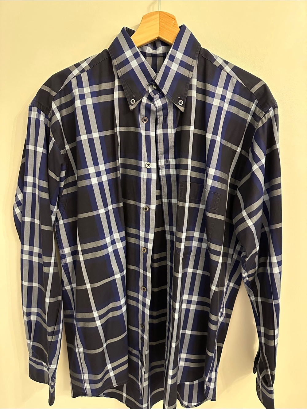 Burberry Men's Navy and White Plaid Button-Down Shirt